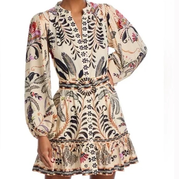 FARM Rio Dresses & Skirts - FARM RIO Nature Mini Dress Romantic Bead Belt Maximalist Puff Beige Size Medium